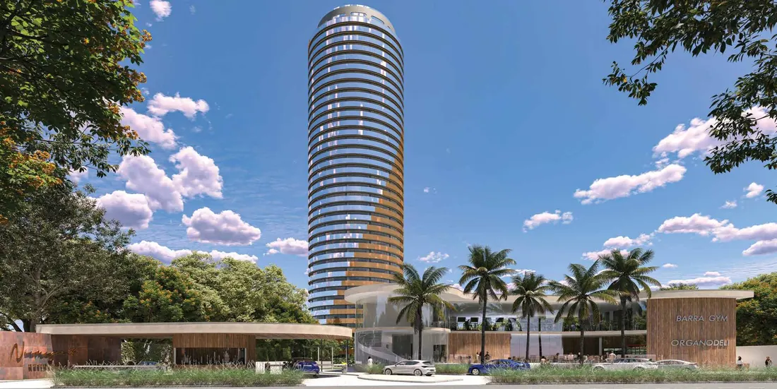 Torre cilíndrica do Niemeyer 360° Residences na Avenida das Américas, Barra da Tijuca, durante o dia