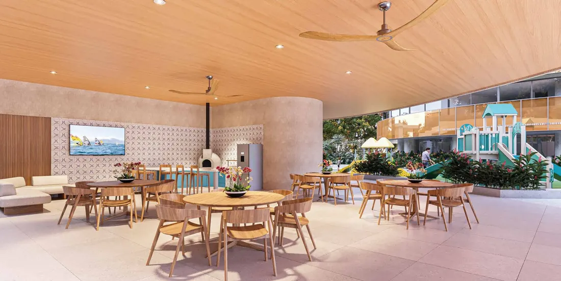 Espaço gourmet do Niemeyer 360° Residences com churrasqueira e forno de pizza