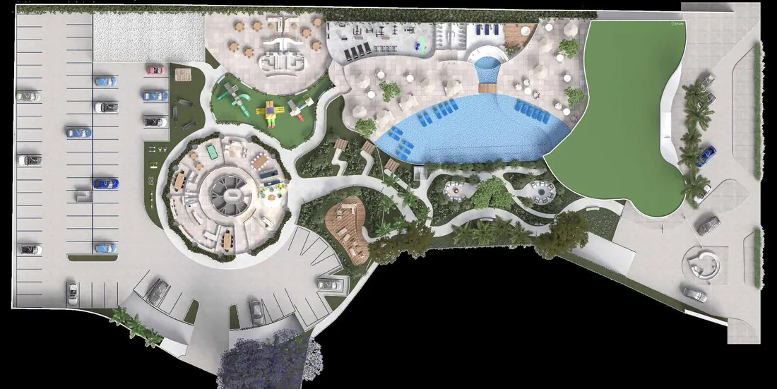 Implantação do Niemeyer 360° Residences com a torre, as piscinas, os jardins e as áreas de lazer