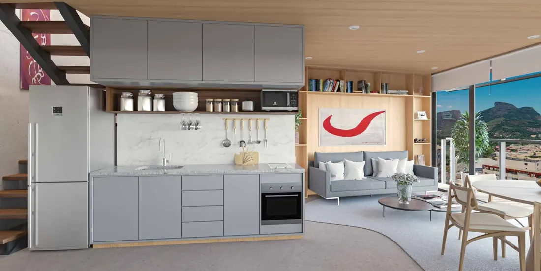 Sala da cobertura duplex de 80 m² do Niemeyer 360° Residences com escada e vista para as montanhas