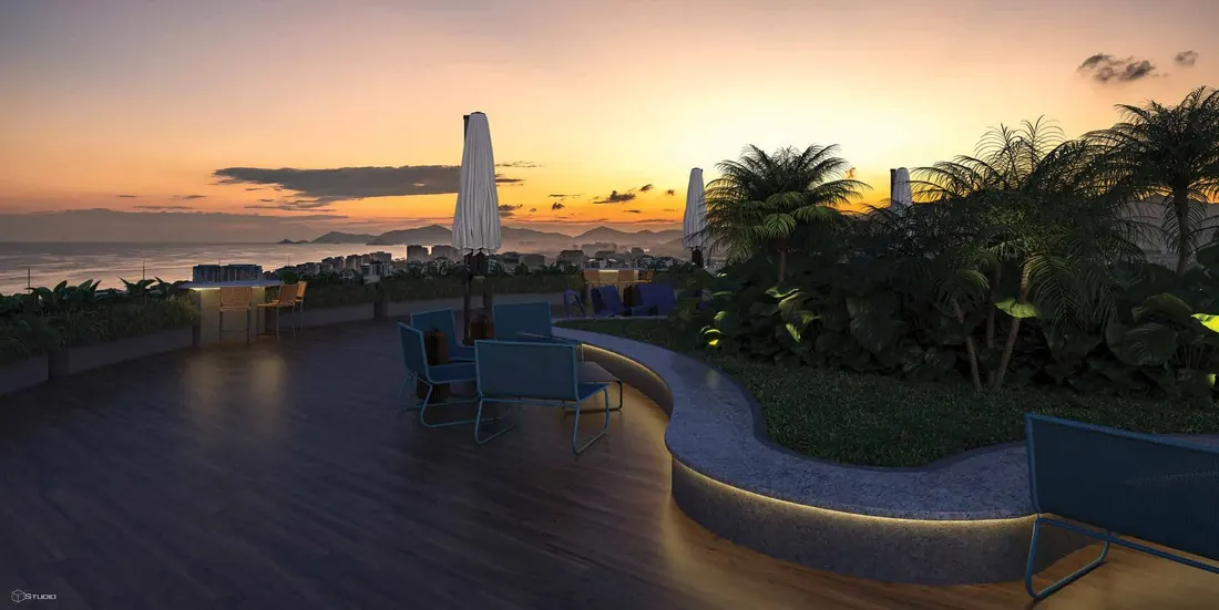 Rooftop exclusivo do Niemeyer 360° Residences ao entardecer