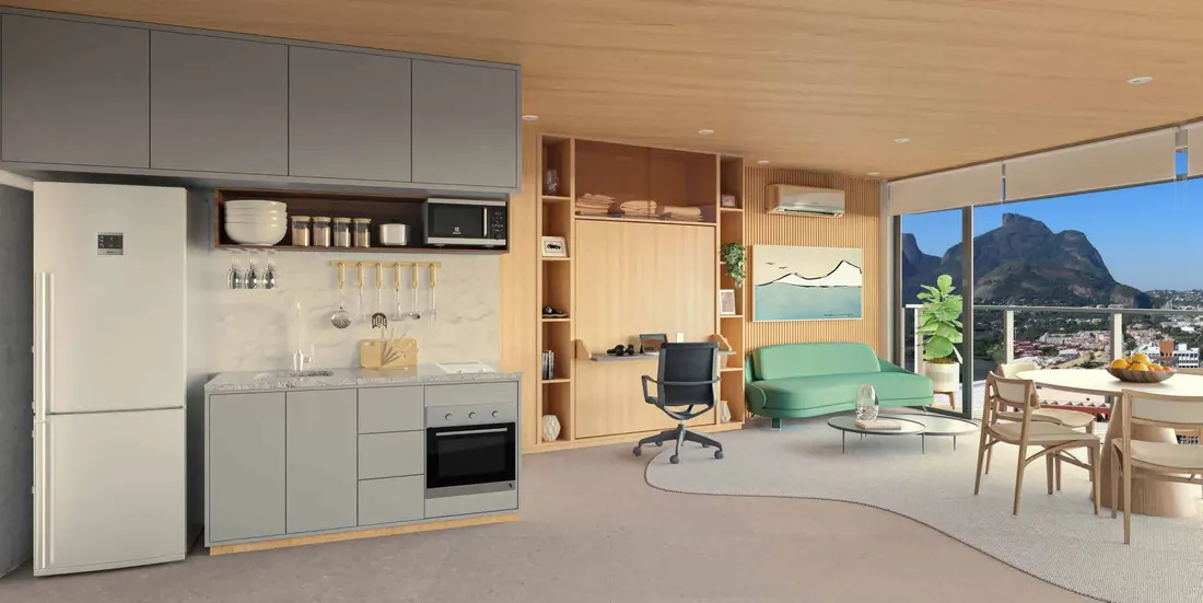Studio de 40 m² do Niemeyer 360° Residences com cozinha integrada e esquadria de piso a teto